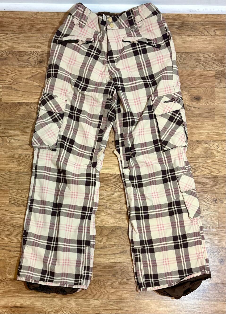 Burton Plaid Snowboard Pants Pink Brown Check Waterproof Cargo Snow Ski W Sz S